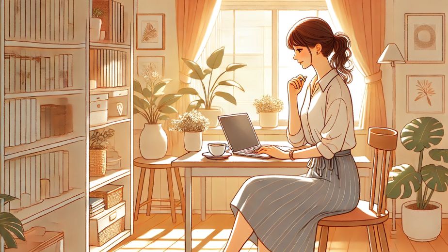 落ち着いた雰囲気の日本人主婦が、明るい自宅のワークスペースでノートパソコンを使い、ブログのSEO対策について作業しているイラスト。自然光が差し込む中、観葉植物やコーヒーが並ぶ静かな空間。 