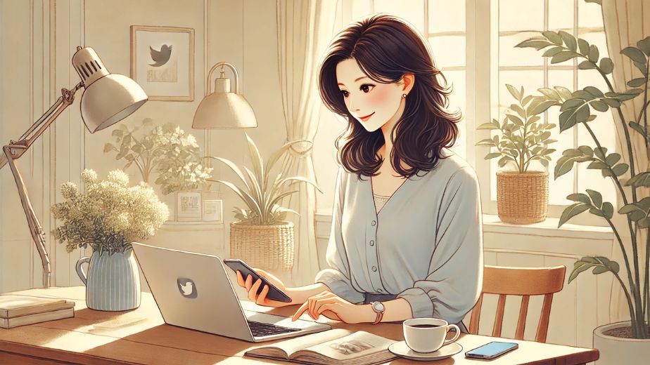 カジュアルで上品な服装の日本人主婦が、明るい室内でノートパソコンとスマートフォンを使い、SNS（TwitterやInstagram）を活用してブログの被リンクを獲得しようとしている様子を描いたイラスト。 