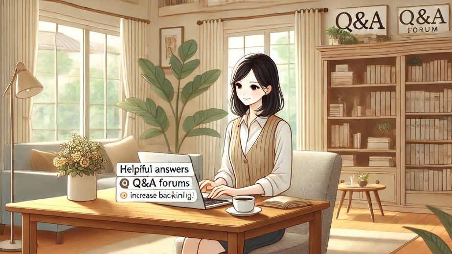 カジュアルで上品な服装の日本人主婦が、明るい自宅の書斎でノートパソコンを使い、Q&Aフォーラムに有益な回答を書き込んでいるイラスト。周囲には本棚、植物、コーヒーがあり、落ち着いた作業空間。 