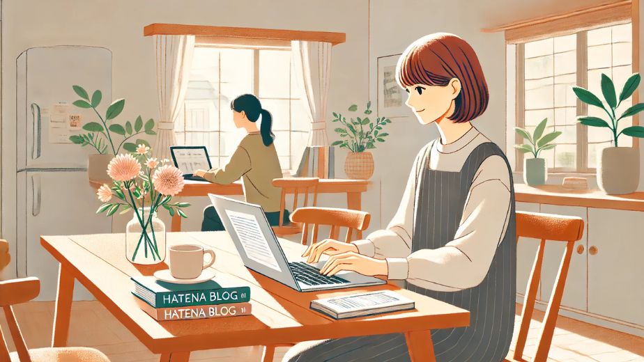 カジュアルな服装の日本人主婦が、自宅の明るい部屋でノートパソコンを使い、無料ブログサービスで被リンク用の記事を作成している様子のイラスト。机の上にはノートやコーヒーもあり、落ち着いた作業空間。 