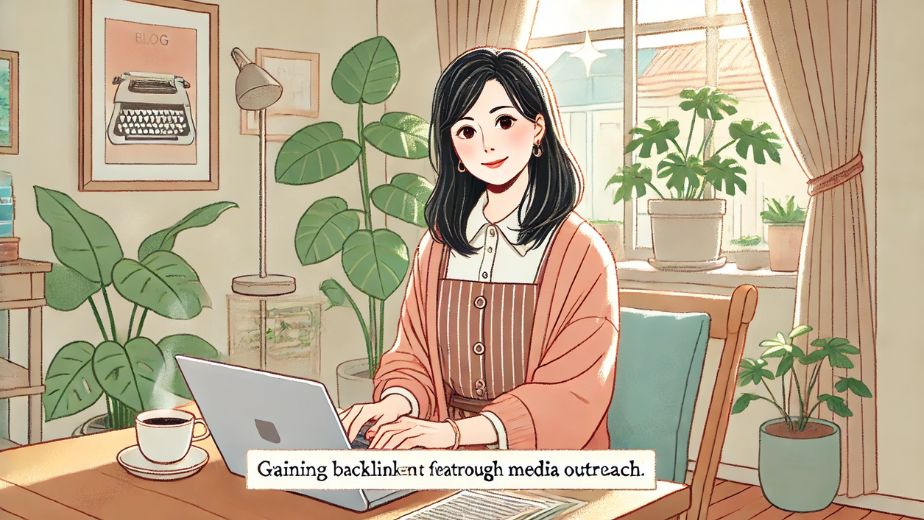 カジュアルで清潔感のある服装の日本人主婦が、自宅の明るいデスクでパソコンを使い、企業やメディアに自分のブログ記事を紹介してもらうための提案メールを送っているイラスト。観葉植物やコーヒーが置かれた落ち着いた空間。 