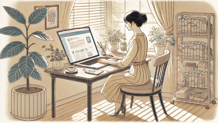 日本人主婦が自宅の明るい作業スペースでノートパソコンを使い、見出しや箇条書きを取り入れた高品質なブログ記事を作成しているイラスト。観葉植物やノート、コーヒーがある落ち着いた空間。 