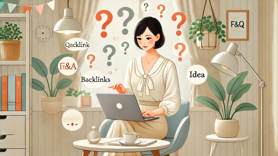 日本人主婦が落ち着いた自宅の作業スペースでノートパソコンを使いながら、被リンクやSEOに関する疑問を調べているイラスト。周囲に浮かぶ質問マークやアイコンがQ&Aコーナーを象徴。 