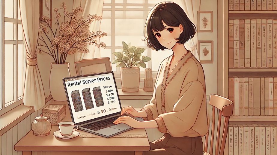 レンタルサーバーの料金表をノートパソコンで比較している落ち着いた雰囲気の主婦。自然光が差し込む部屋で、コーヒーとともにブログ作業に集中する様子のイラスト。