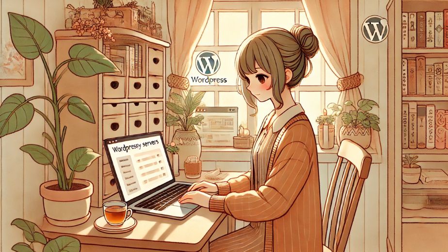 WordPressに対応したレンタルサーバーを比較しながら調べる落ち着いた主婦。自然光が差し込む自宅の作業部屋で、ノートパソコンに向かいブログ記事を準備している様子。観葉植物や本棚に囲まれた穏やかな空間のイラスト。