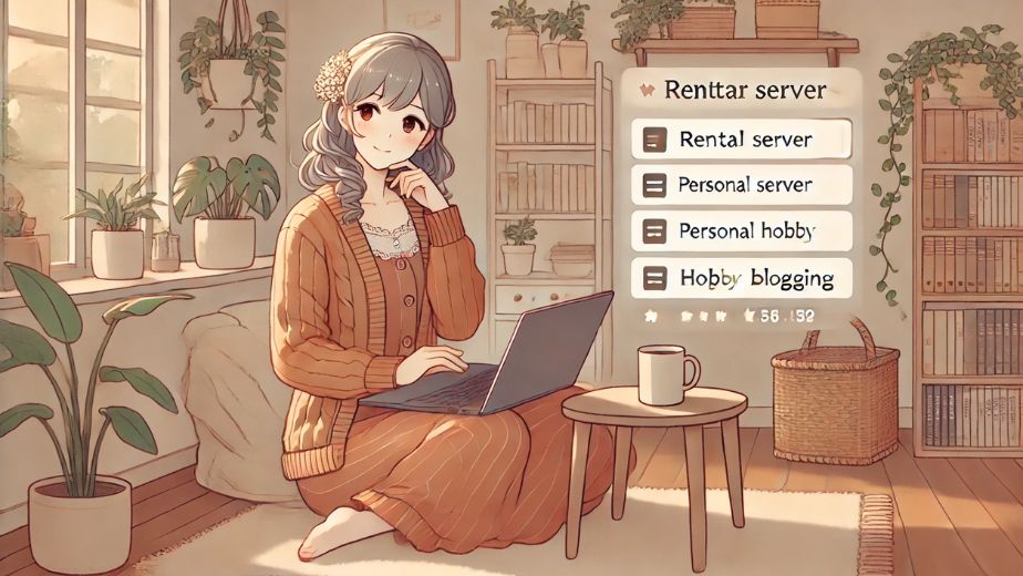 落ち着いた自宅の一角で、レンタルサーバーを比較しながら趣味ブログの準備をしている主婦。観葉植物や本棚に囲まれた温かみのある空間で、ノートパソコンとお茶を前に笑顔で作業中の様子。