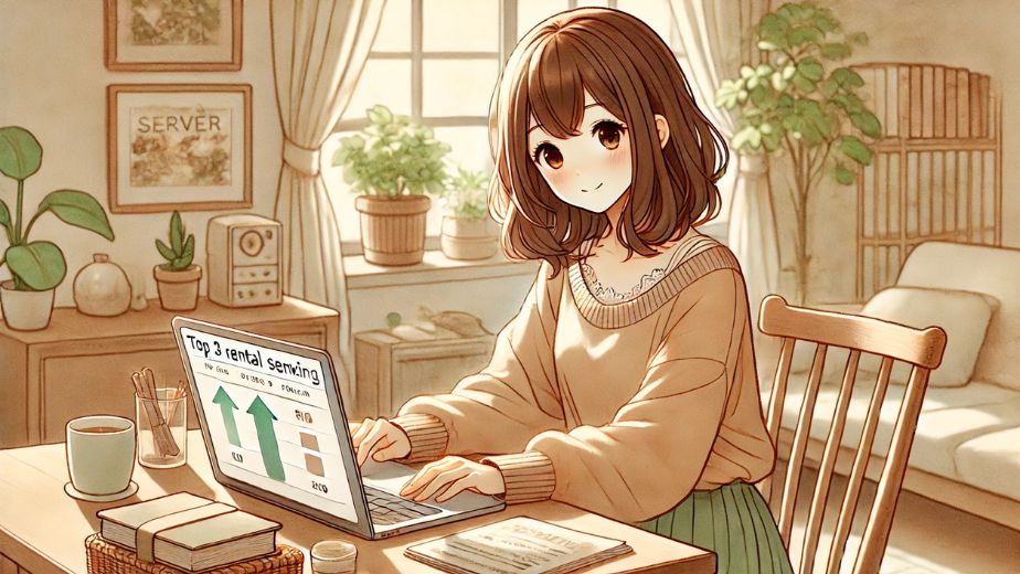 パソコンでレンタルサーバーの人気ランキングTOP3を見比べている主婦。明るく落ち着いた部屋で、観葉植物や本棚に囲まれた中、ティーカップ片手に作業中のイラスト。初心者にも安心感のある雰囲気。