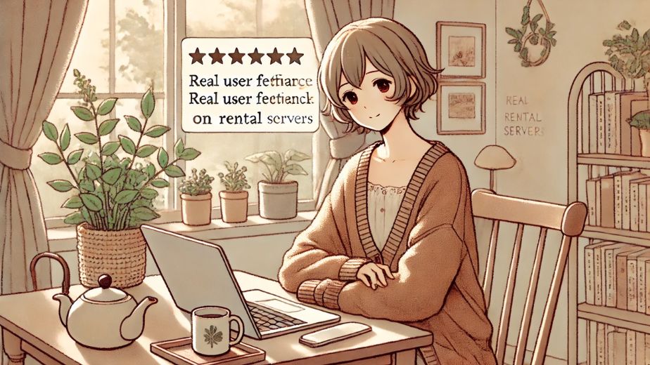 ノートパソコンでレンタルサーバーの口コミや星評価をチェックしている主婦。自然光が差し込む部屋でリラックスしながら比較している様子。観葉植物と本に囲まれた穏やかな空間のイラスト。