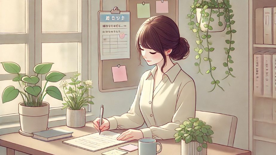 落ち着いた雰囲気の中、デスクでアフィリエイト教材のメモを取る日本人主婦。観葉植物に囲まれた自宅の作業スペースで、穏やかな表情で作業している様子。