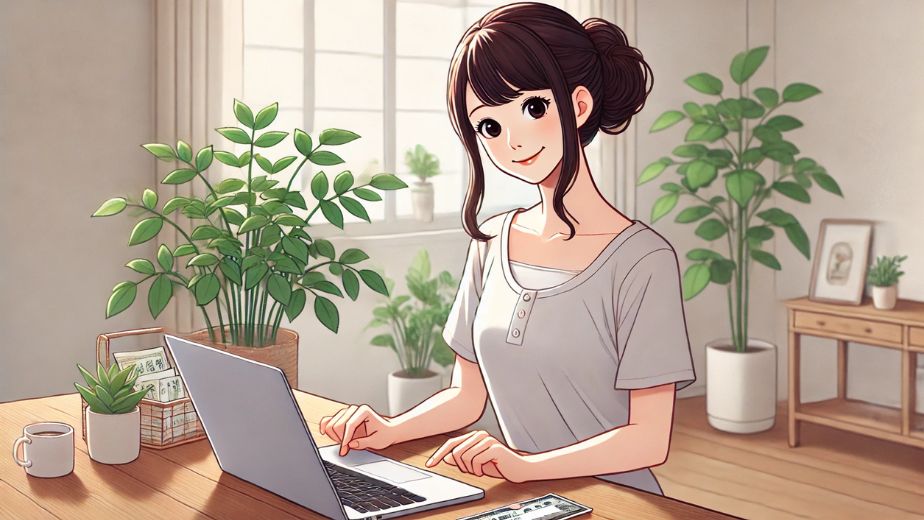 明るい部屋でノートパソコンを使い、アフィリエイト成果を確認して微笑む日本人主婦。植物に囲まれたリラックスした空間で、自信に満ちた表情が印象的。