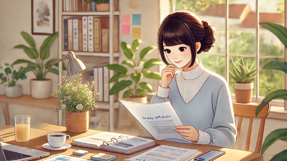 ワントップの教材を確認しながら微笑む日本人主婦。書類やノートパソコン、観葉植物に囲まれた明るいデスクで、落ち着いて学んでいる様子。