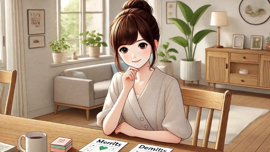 自宅の明るい部屋で、ワントップのメリットとデメリットを比較している日本人主婦。穏やかな笑顔で資料を見つめる様子