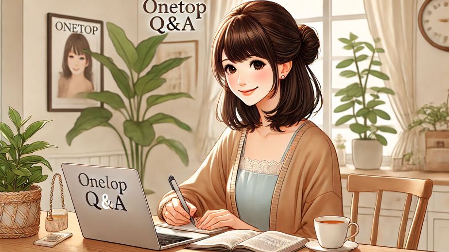 ワントップに関するQ&Aをパソコンで検索しながら安心した表情でノートにメモを取る日本人主婦。明るい自然光が差し込む室内で、植物に囲まれた穏やかな雰囲気