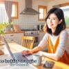 カジュアルな服装の日本人主婦が、キッチンテーブルでノートパソコンを使い、ブログのSEOや被リンク戦略に取り組んでいるリアルな雰囲気の写真風イラスト