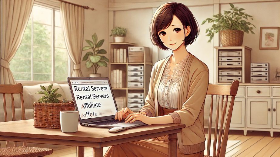 落ち着いた雰囲気の部屋でノートパソコンを操作する大人の主婦ブロガー。自然光が差し込むデスクで、アフィリエイトやレンタルサーバーに関する記事を執筆中の様子。穏やかで集中した空気感が伝わるイラスト。
