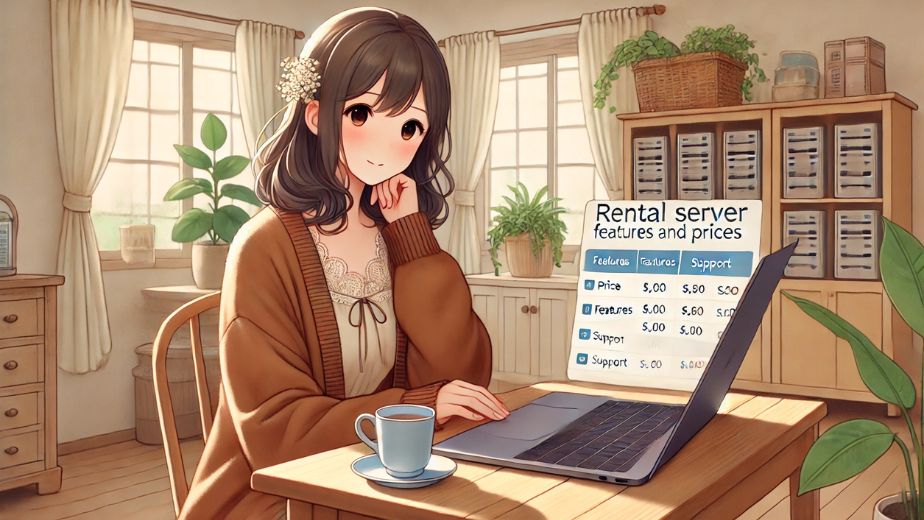 ノートパソコンでレンタルサーバーの料金・機能・サポートを比較している主婦。木製デスクに座り、観葉植物と本棚に囲まれた温かい雰囲気の中、真剣かつリラックスした表情で作業しているイラスト。