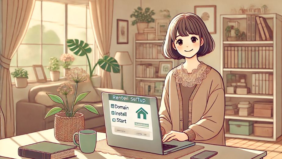 明るく整った部屋でレンタルサーバーの契約・設定を行う主婦。画面に表示された手順を見ながら、笑顔で落ち着いて作業する様子を描いたやさしい雰囲気のイラスト。