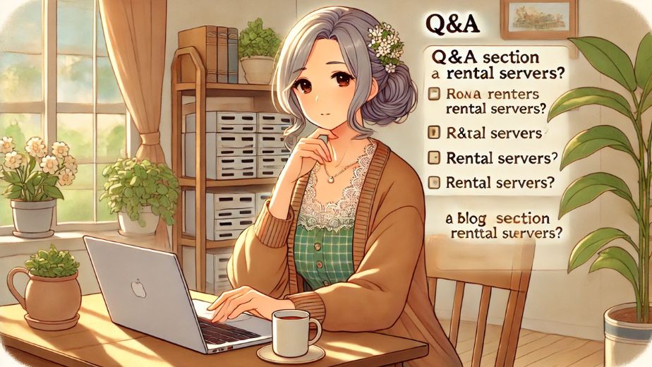 レンタルサーバーに関するよくある質問をパソコンで調べながら、考え込む表情の主婦。明るく整った室内で観葉植物やティーカップに囲まれ、安心感のある空間で情報収集する様子のイラスト。