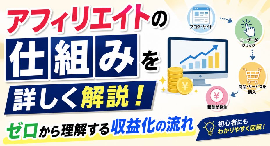アフィリエイトの仕組みと収益化の流れを初心者向けに解説するアイキャッチ画像