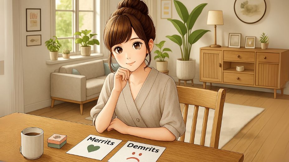 自宅の明るい部屋で、ワントップのメリットとデメリットを比較している日本人主婦。穏やかな笑顔で資料を見つめる様子