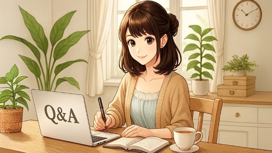 ワントップに関するQ&Aをパソコンで検索しながら安心した表情でノートにメモを取る日本人主婦。明るい自然光が差し込む室内で、植物に囲まれた穏やかな雰囲気