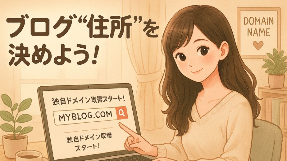 「ブログ“住所”を決めよう！」というタイトルと一緒に、ノートパソコンで「MYBLOG.COM」と表示された独自ドメイン取得画面を指さして微笑む日本人女性のイラスト。背景はあたたかみのあるオフィス風の室内。