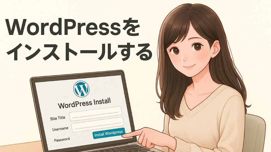 「WordPressをインストールする」というタイトルとともに、ノートパソコンの「WordPress Install」画面で「Install WordPress」ボタンを指さしている日本人女性のイラスト。明るく温かみのある室内背景。