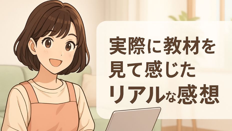 明るいリビングでノートパソコンを操作しながら笑顔を見せるピンクのエプロン姿の主婦のイラスト。右側に『実際に教材を見て感じたリアルな感想』という文字。
