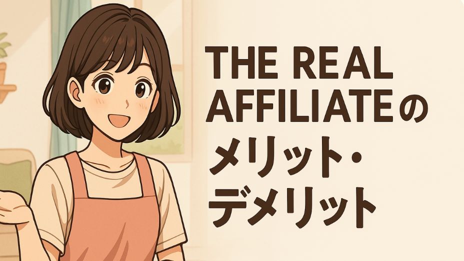 明るいリビングでピンクのエプロンを着た主婦がテーブルに座り、片手を軽く上げて話すようなポーズをしているイラスト。右側に『THE REAL AFFILIATEのメリット・デメリット 8選』という文字。