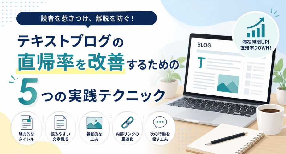テキストブログの直帰率を改善するための5つの実践テクニックを解説するアイキャッチ画像。ノートパソコンでブログ記事を表示し、滞在時間アップ・直帰率ダウンを示すグラフを配置。魅力的なタイトル作成、読みやすい文章構成、視覚的な工夫、内部リンク最適化、次の行動を促す導線設計の5つの改善ポイントを紹介している。