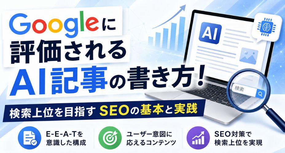 Googleに評価されるAI記事の書き方を解説するアイキャッチ画像。ノートパソコンのAI記事画面、検索アイコン、SEOグラフを配置し、検索上位を目指すためのSEOの基本と実践、E-E-A-Tやユーザー意図に沿ったコンテンツ作成の重要性を表現している。