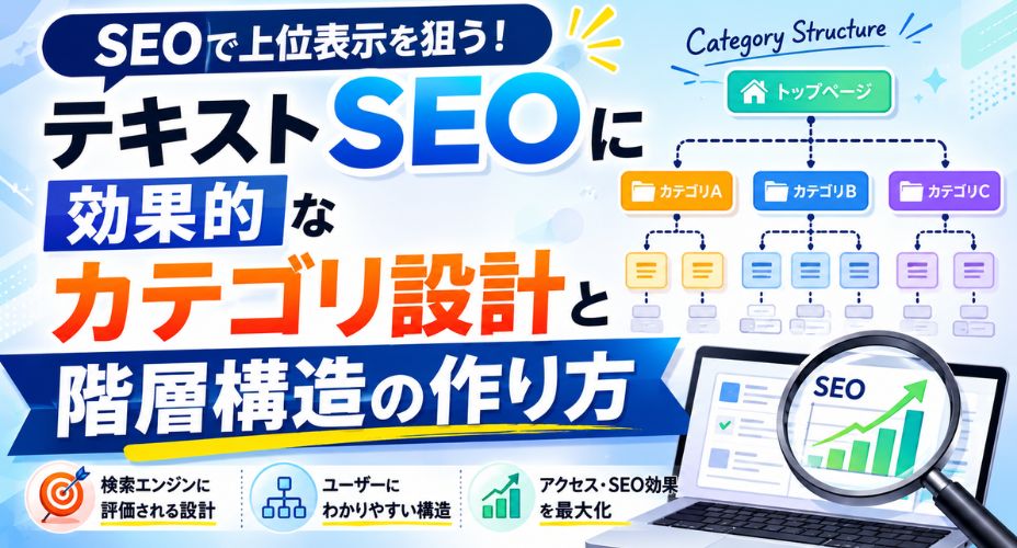 SEOに効果的なカテゴリ設計と階層構造の作り方を図解でわかりやすく解説したアイキャッチ画像です。サイト全体のカテゴリ整理や内部リンク設計、SEO評価向上をイメージしています。検索エンジンとユーザーの両方にわかりやすいサイト構造の重要性を表現したサムネイル画像です。