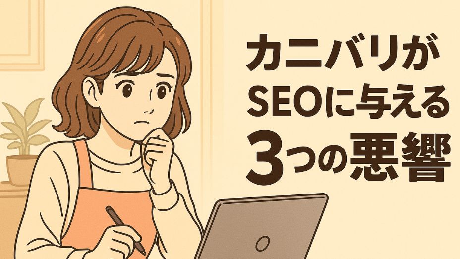 「カニバリがSEOに与える3つの悪影響」というタイトルが右側に表示されたアイキャッチ画像。左側にはノートパソコンの前で真剣な表情を見せる、小顔であか抜けた印象の令和風主婦。手にはペンを持ち、口元に手を添えながら考え込んでいる姿。背景には明るい白基調の室内と観葉植物が描かれている。