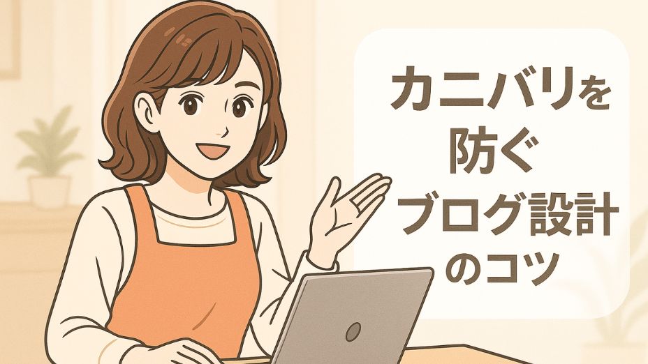 「カニバリを防ぐブログ設計のコツ」というテキストが右下に小さく表示されたアイキャッチ画像。左側には白を基調とした明るい室内で、考え込む表情の令和風主婦がノートパソコンに向かって座っている。背景にはウッド調の家具や観葉植物があり、全体的にナチュラルで清潔感のある雰囲気。人物と文字は控えめに配置され、背景の明るさが際立つ構成。