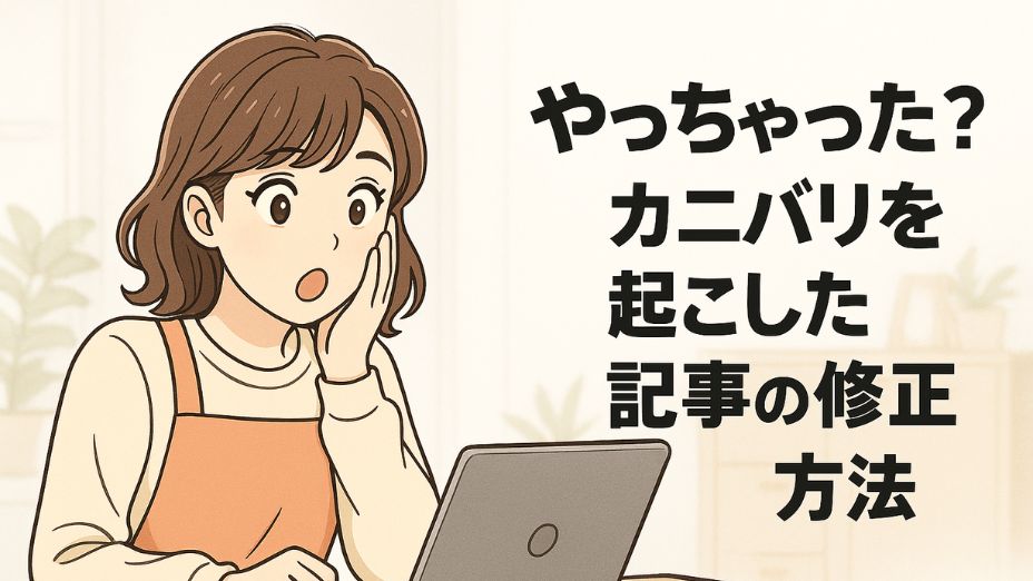 「やっちゃった？カニバリを起こした記事の修正方法」というタイトルが右側に小さく表示されたアイキャッチ画像。左側には白を基調とした明るい室内で、ショックを受けたような表情の今どきの主婦がノートパソコンを見つめている。小顔で洗練された雰囲気の女性が頬に手を当て、エプロン姿でペンを持つ様子がリアルに描かれている。背景にはウッド調の家具と観葉植物が配置され、ナチュラルで落ち着いた印象のデザイン。