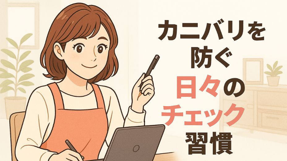 「カニバリを防ぐ日々のチェック習慣」というテキストが右側に表示されたアイキャッチ画像。左側には明るい白基調の室内で笑顔を見せる令和風の主婦が、ノートパソコンを前にペンを持ちながら作業している。背景には観葉植物とナチュラルなウッド調の家具が配置され、清潔感と安心感のある構図。