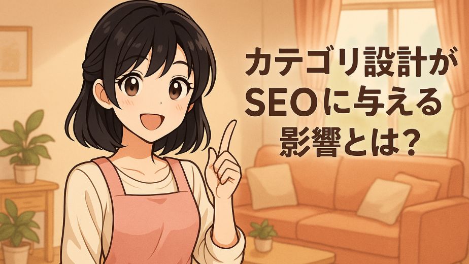 少女漫画風の柔らかいタッチで描かれた主婦が、明るい家庭的なリビングで微笑みながら指を立てているイラスト。ピンクのエプロンとクリーム色のシャツを着ており、背景には観葉植物とカーテン付きの窓、ソファとクッションが見える。右側には「カテゴリ設計がSEOに与える影響とは？」というテキストが配置されている。