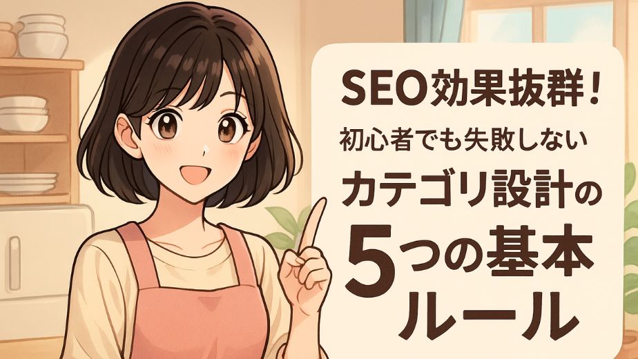 笑顔の主婦がピンクのエプロン姿で指を立て、家庭的なキッチンを背景に立っているイラスト。背景には棚や冷蔵庫、観葉植物が描かれ、明るく温もりのある色合い。右側には「SEO効果抜群！初心者でも失敗しないカテゴリ設計の5つの基本ルール」という大きな日本語テキストが配置されている。