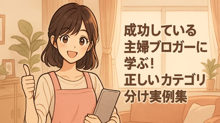 家庭的なリビングを背景に、ピンクのエプロンを着た主婦が笑顔で親指を立て、片手にはタブレットを持っている少女漫画風のイラスト。背景にはソファや観葉植物、カーテン付きの大きな窓が描かれ、右側には「成功している主婦ブロガーに学ぶ！正しいカテゴリ分け実例集」という日本語テキストが配置されている。