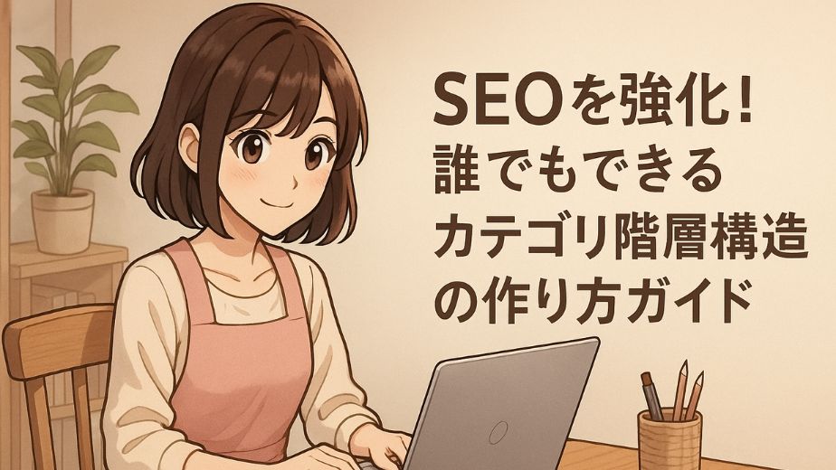 家庭的な机に向かい、ノートパソコンで作業しているピンクのエプロン姿の主婦が描かれた、少女漫画風のやさしいタッチのイラスト。背景には観葉植物やノート、ペン立てが置かれた温かみのある室内が広がり、右側には「SEOを強化！誰でもできるカテゴリ階層構造の作り方ガイド」という日本語のテキストが配置されている。
