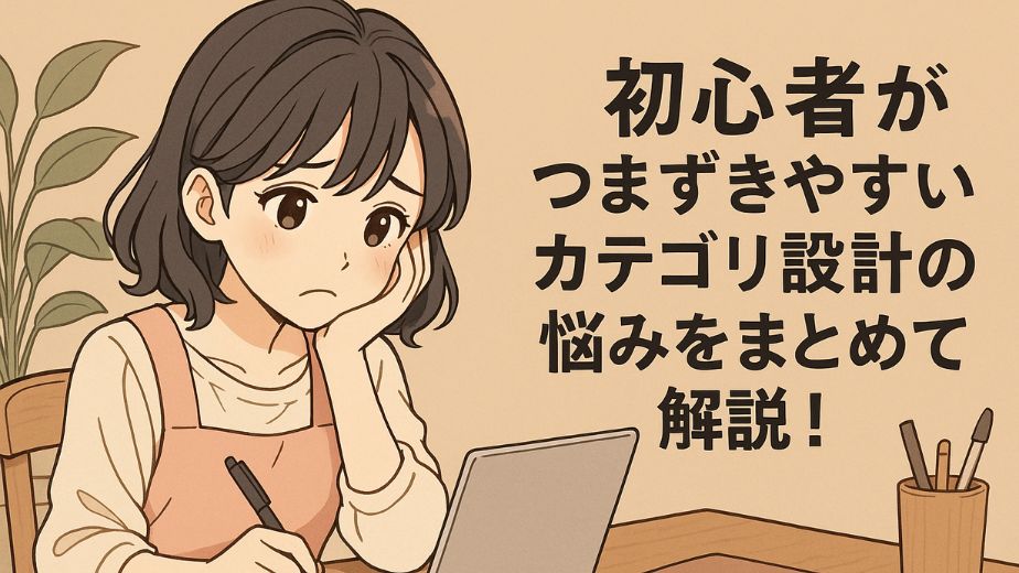 ピンクのエプロン姿で悩みながらノートパソコンに向かう主婦が描かれた少女漫画風のイラスト。机の上にはノートとペン立てがあり、主婦は片手で頭を支え、もう一方の手でペンを持って考え込んでいる様子。背景には観葉植物が置かれ、右側には「初心者がつまずきやすいカテゴリ設計の悩みをまとめて解説！」という日本語テキストが配置されている。