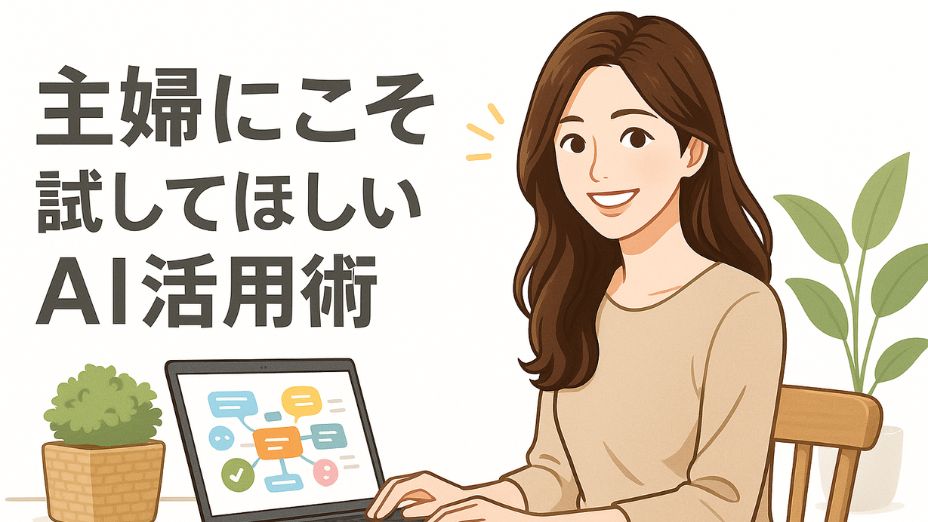 ノートパソコンでAIを活用しながら笑顔で作業する、ナチュラルな雰囲気の若い東アジア系女性のイラスト。背景は白基調、観葉植物とウッドデスクに囲まれた明るい室内。画面にはカラフルなマインドマップが表示されている。