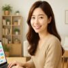 自宅の明るいデスクでノートパソコンに向かい、アフィリエイトブログを執筆する30代の主婦。観葉植物や木製家具に囲まれたナチュラルな空間で、笑顔で作業しているリアルな雰囲気のイメージ。