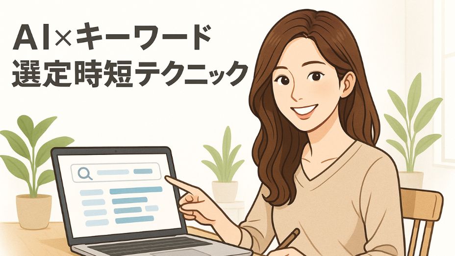 ノートパソコンでキーワードリサーチをしながらメモを取る、ナチュラルな雰囲気の若い東アジア系女性のイラスト。白基調の明るい室内で、ウッドデスクと観葉植物に囲まれた柔らかな空間にいる。