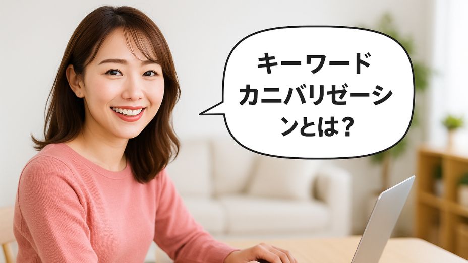 白を基調とした明るい室内で、観葉植物とウッド調の家具に囲まれながらノートパソコンを操作する、今どきの小顔であか抜けた雰囲気の主婦。自然なメイクを施し、笑顔でパソコン画面を見つめる姿。画像中央には吹き出しで『キーワードカニバリゼーションとは？』というピンク色のテキストが表示されている。