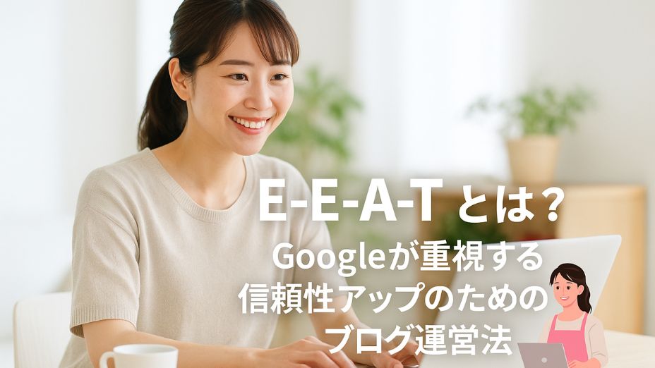 明るい白基調の室内で、笑顔の主婦がノートパソコンを操作している様子。リアルで今どきな雰囲気の女性がコーヒーカップを横に置きながら作業する、自然光が差し込むナチュラルな在宅ワーク風景。