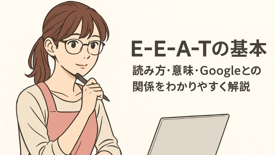 白を基調とした柔らかな光が差し込む室内で、清潔感のある今どきの主婦がパソコン作業をしているイラスト。小顔で落ち着いた雰囲気の女性が、やさしい表情で画面に向かっている。画面右には「E-E-A-Tの基本：読み方・意味・Googleとの関係をわかりやすく解説」のテキストが配置され、信頼感と親しみやすさを演出しているアイキャッチ画像。