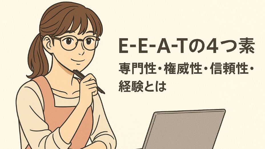 落ち着いた白基調の室内で、ノートパソコンを操作するリアル感ある主婦のイラスト。柔らかな表情で作業する姿とともに、「E-E-A-Tの4つ要素 専門性・権威性・信頼性・経験とは」というテキストが画面右に配置された、信頼感と安心感のある大人向けのアイキャッチ画像。