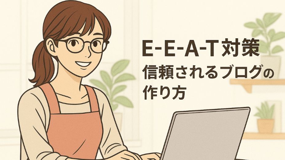明るい白基調の室内で、メガネをかけた今どきの主婦が笑顔でパソコン作業をしているイラスト。「E-E-A-T対策 信頼されるブログの作り方」のテキストが右側に配置された、安心感と実践的な雰囲気のあるアイキャッチ画像。