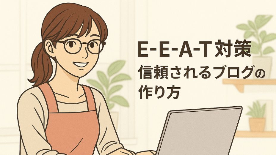 明るい白基調の室内で、メガネをかけた今どきの主婦が笑顔でパソコン作業をしているイラスト。「E-E-A-T対策 信頼されるブログの作り方」のテキストが右側に配置された、安心感と実践的な雰囲気のあるアイキャッチ画像。